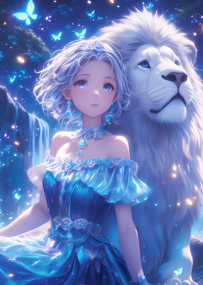 Anime Girl with White Lion