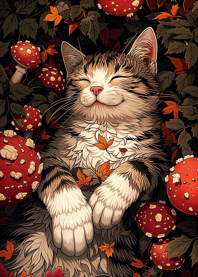 Cat Sleeping in Autumn Leaves