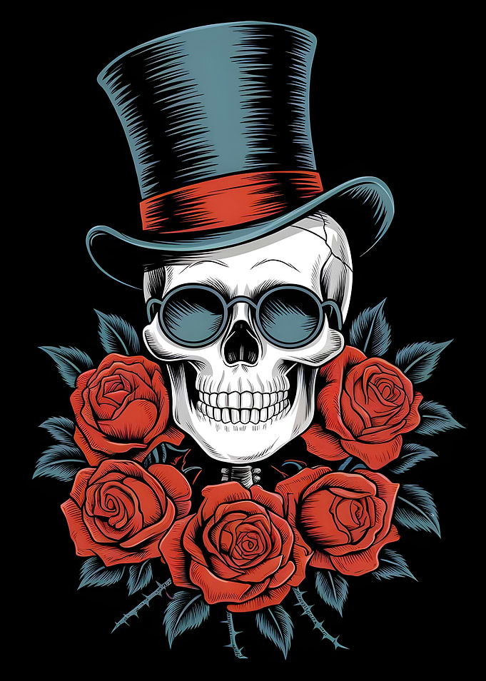 Skull with Top Hat and Roses