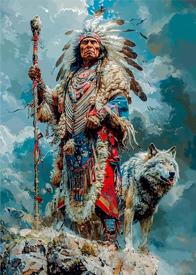 Native American Chief and Wolf