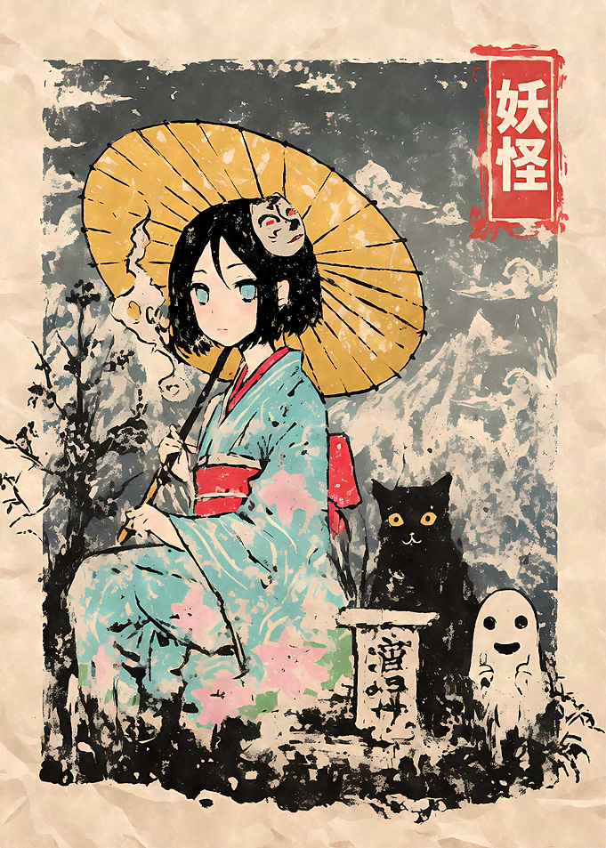 Yokai Geisha with Cat and Ghost