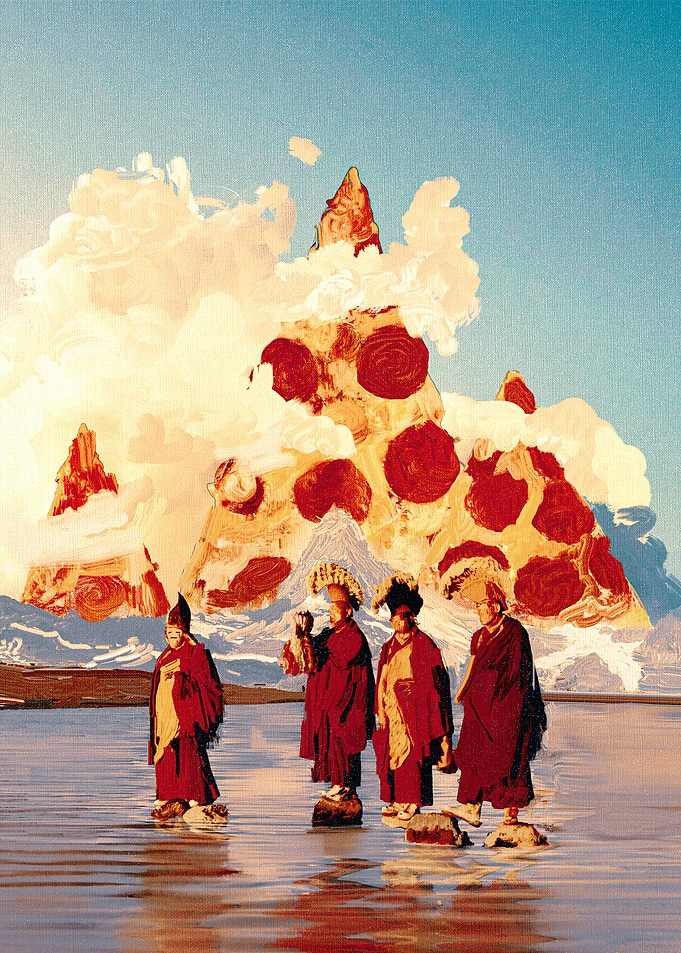 Pizza Mountain Monks Painting