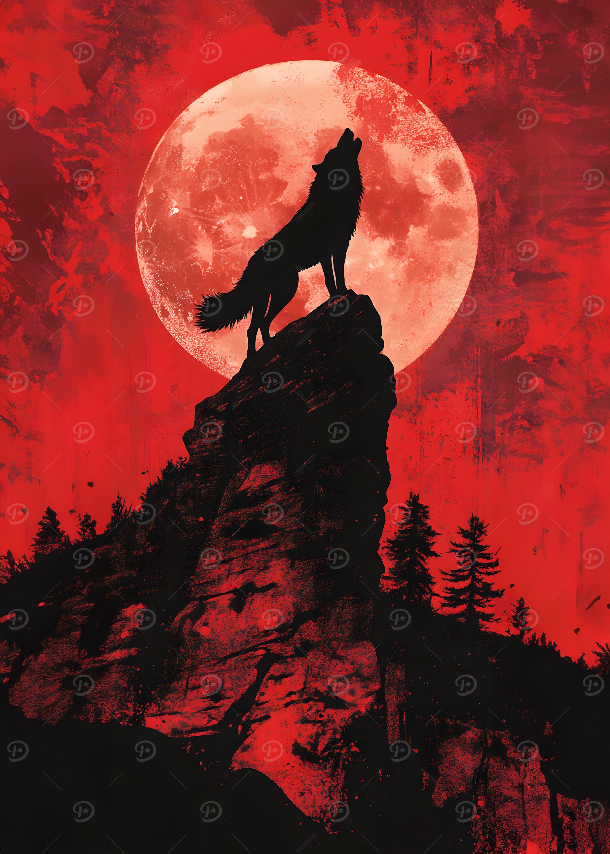 Wolf Howling at Blood Moon