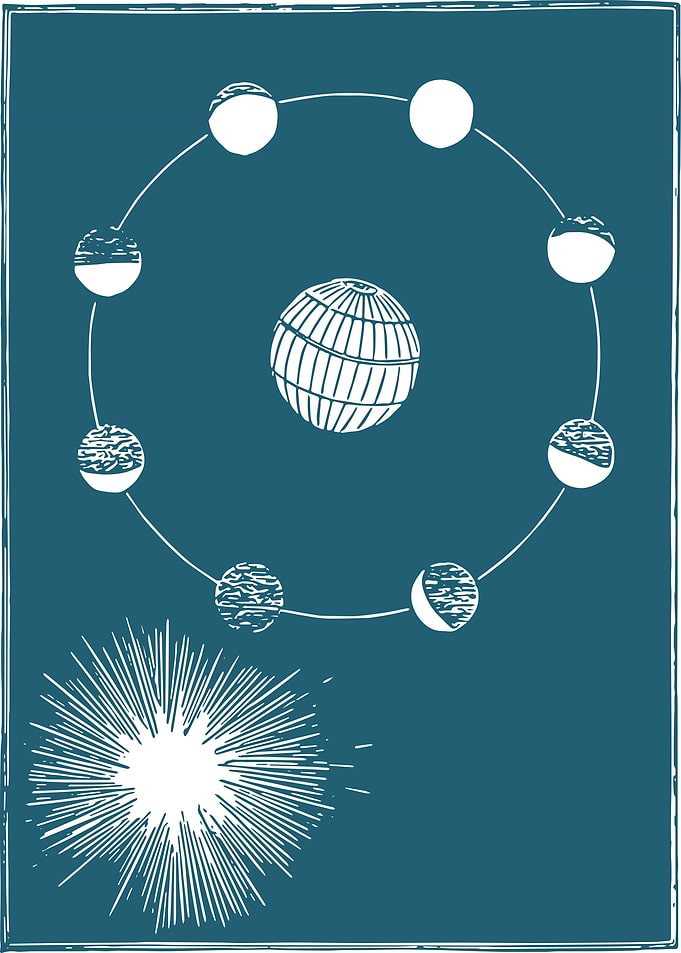 Vintage Celestial Moon Phases Art in Deep Teal Blue