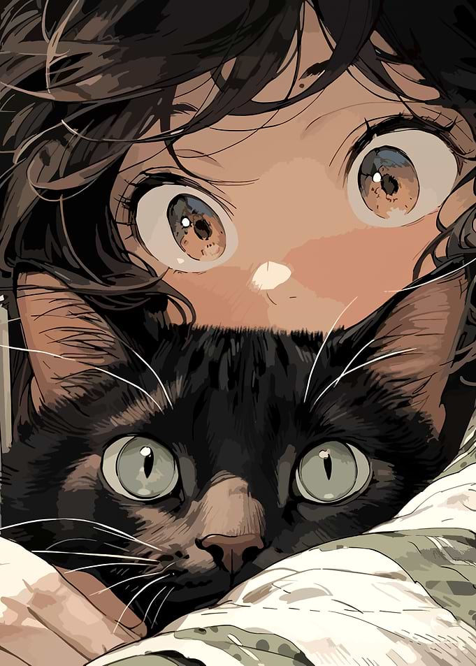Anime Girl and Black Cat