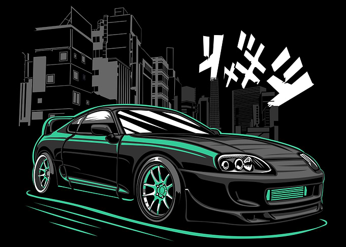 Black Supra with City Skyline