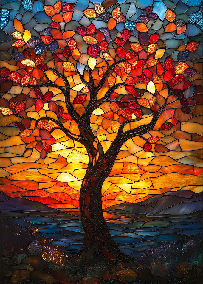 Stained Glass Sunset Tree