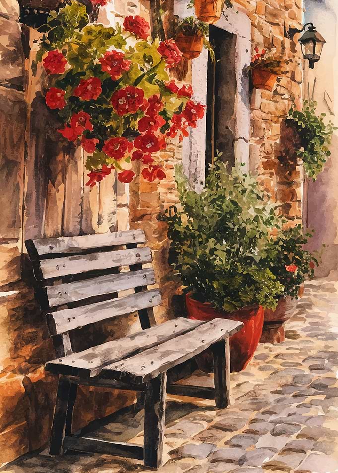 Bench in Courtyard Paintin