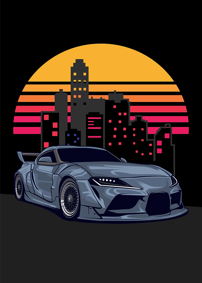 Blue Supra with Sunset Cityscape