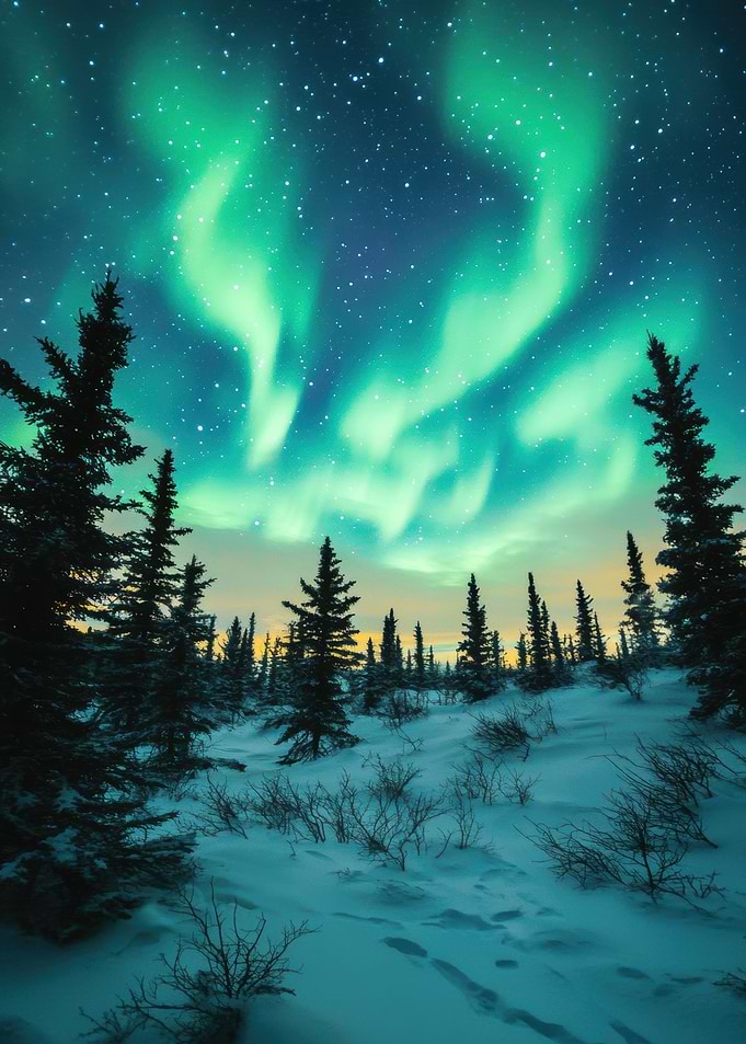 Aurora Borealis Over Forest