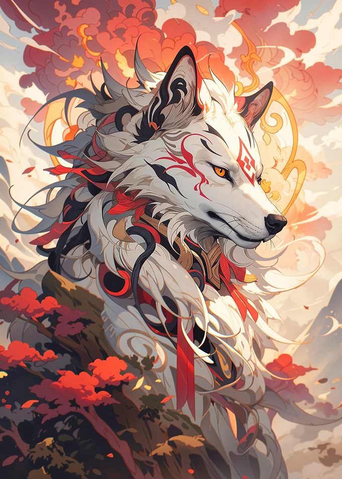 White Wolf with Red Markings