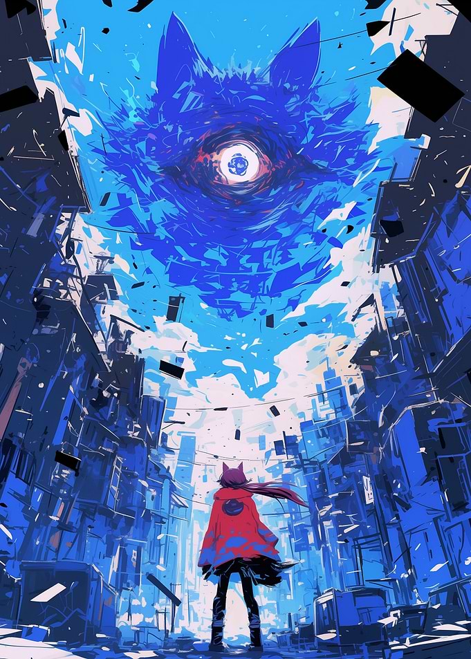 Anime Girl Facing Giant Wolf