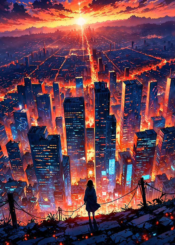 Golden Cyberpunk Sunset Cityscape