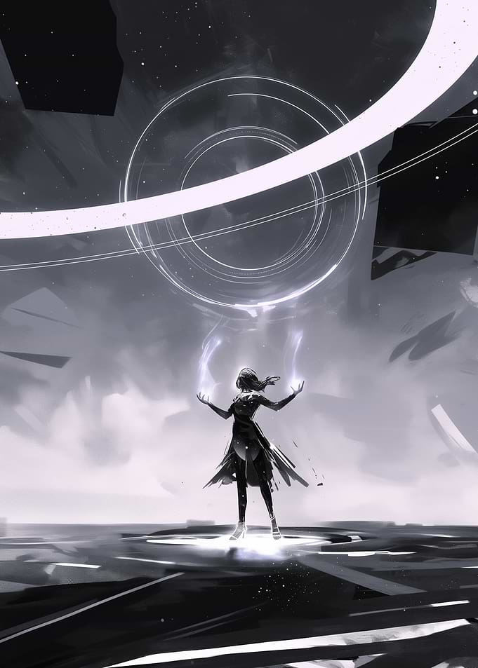 Mystical Figure with Glowing Rings