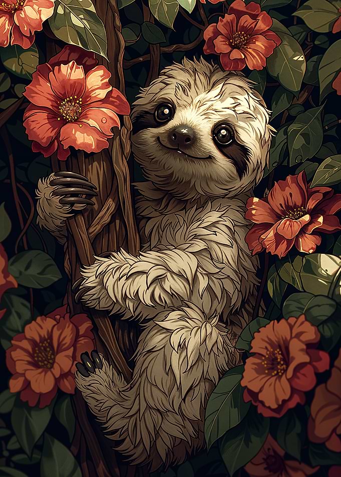 Smiling Sloth in Flowers