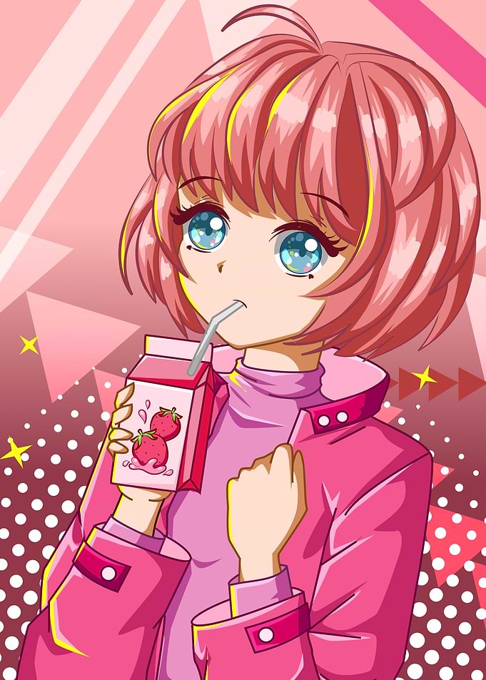 Anime Girl Drinking Strawberry Milk