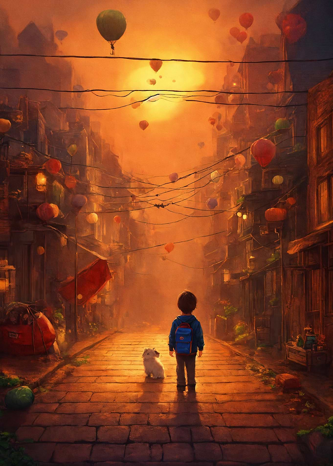 Boy and Dog at Sunset