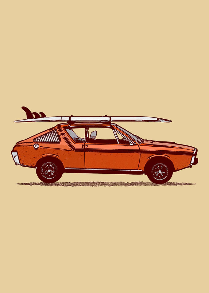 Renault 17 Orange Car with Surfboard