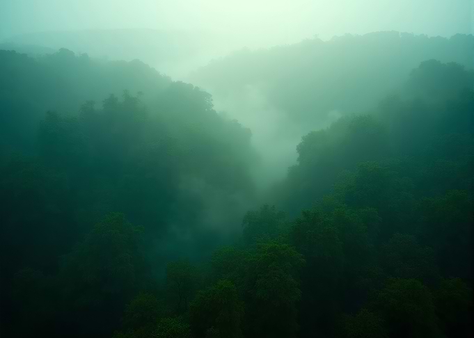 Forest valley misty shrouded in green