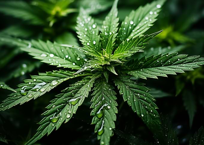 Cannabis Plant with Dew Drops