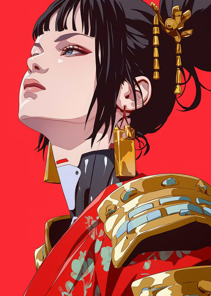 Anime Woman in Red and Gold