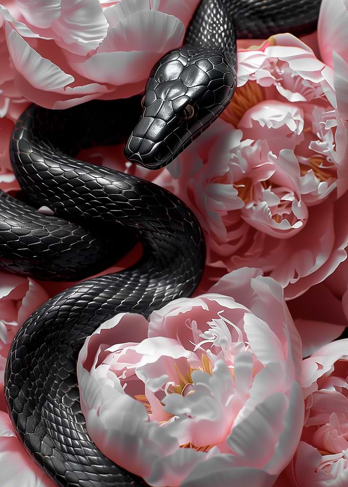Black Snake and Peonies