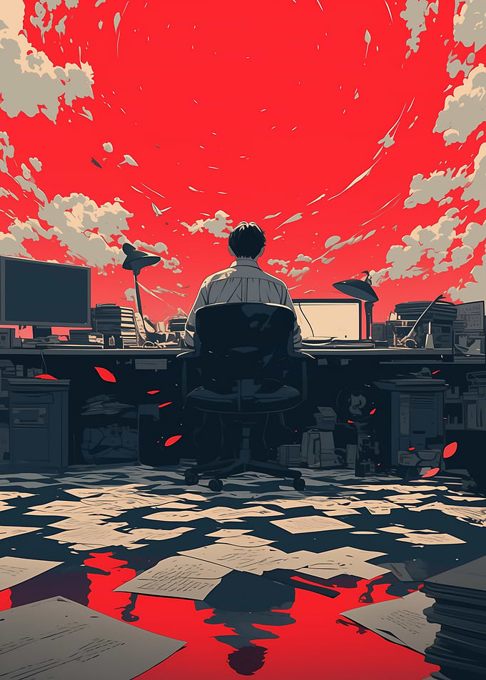 Man at Desk with Red Sky
