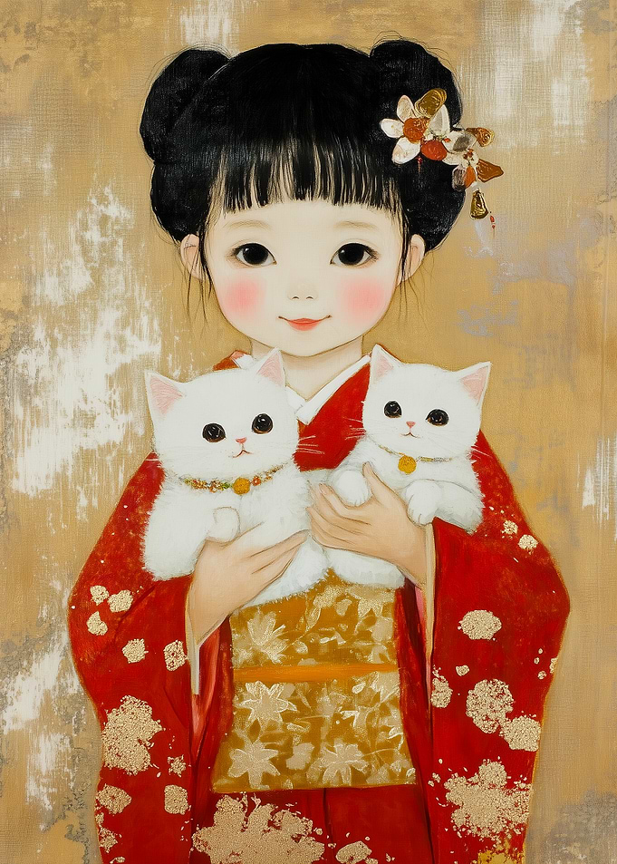 Girl in Kimono with Cats