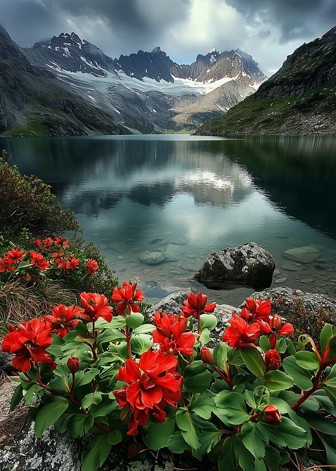 Mountain Lake with Red Flowers