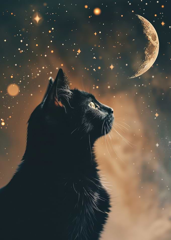 Black Cat Gazing at the Moon