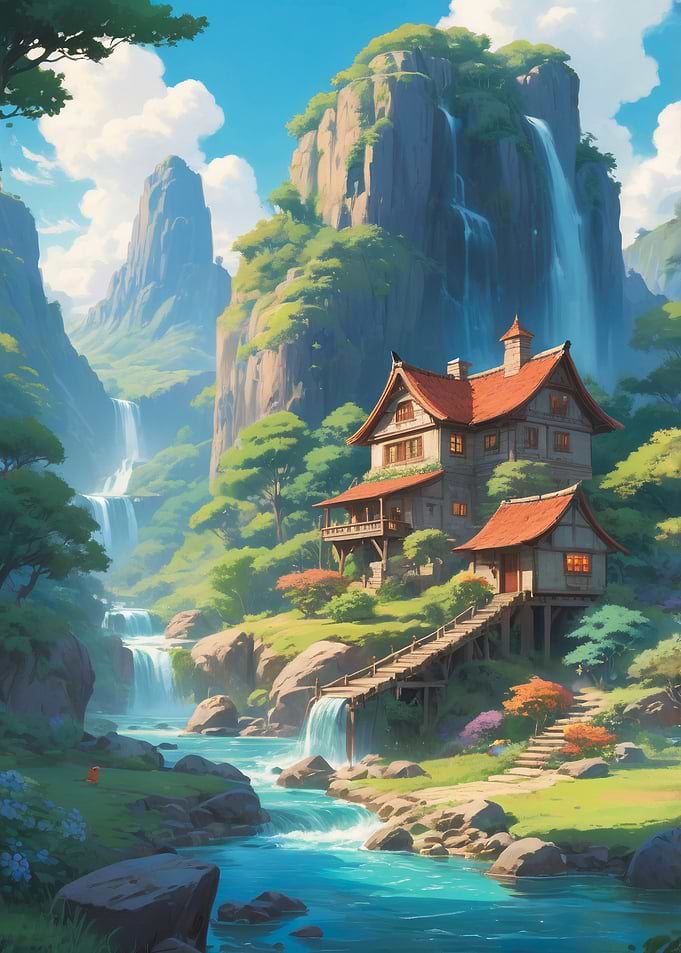 House And Waterfall in Ghibli Anime Style