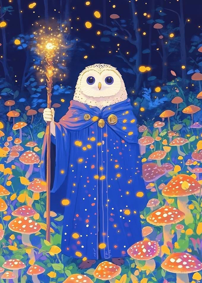 Owl Wizard in Mushroom Forest