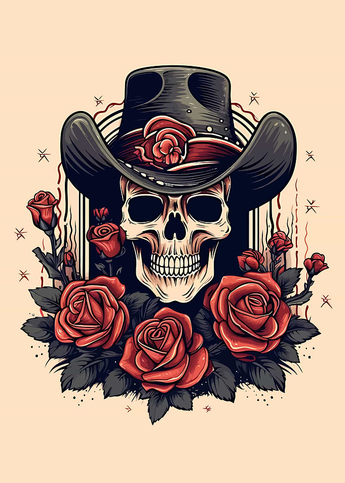 Skull in Cowboy Hat with Roses