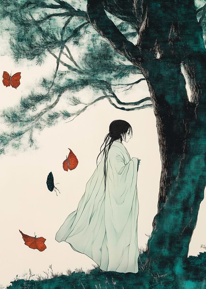 Woman in White Robe with Butterflies