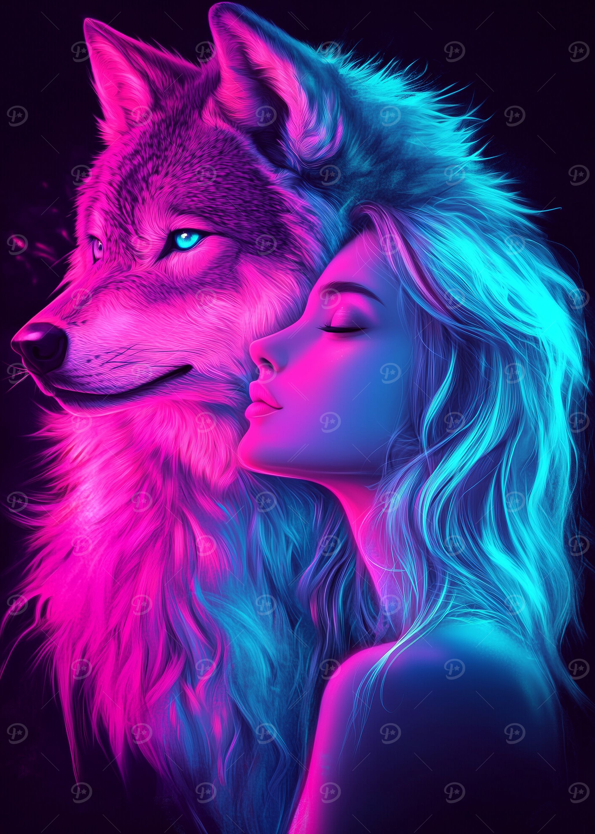 Wolf and Woman Neon Art