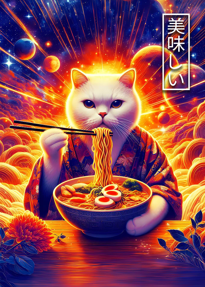 Cat Eating Ramen in Space
