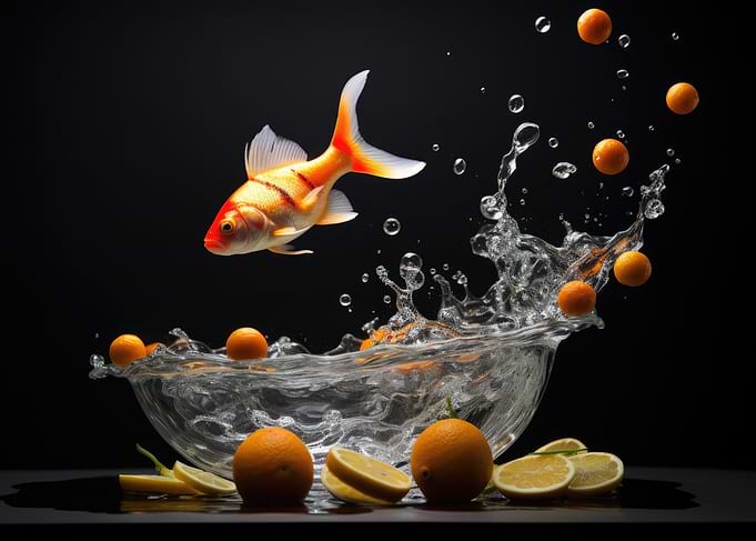 Goldfish Jumping Through Oranges In Splash Water
