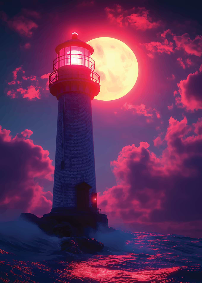 Lighthouse Under Blood Moon