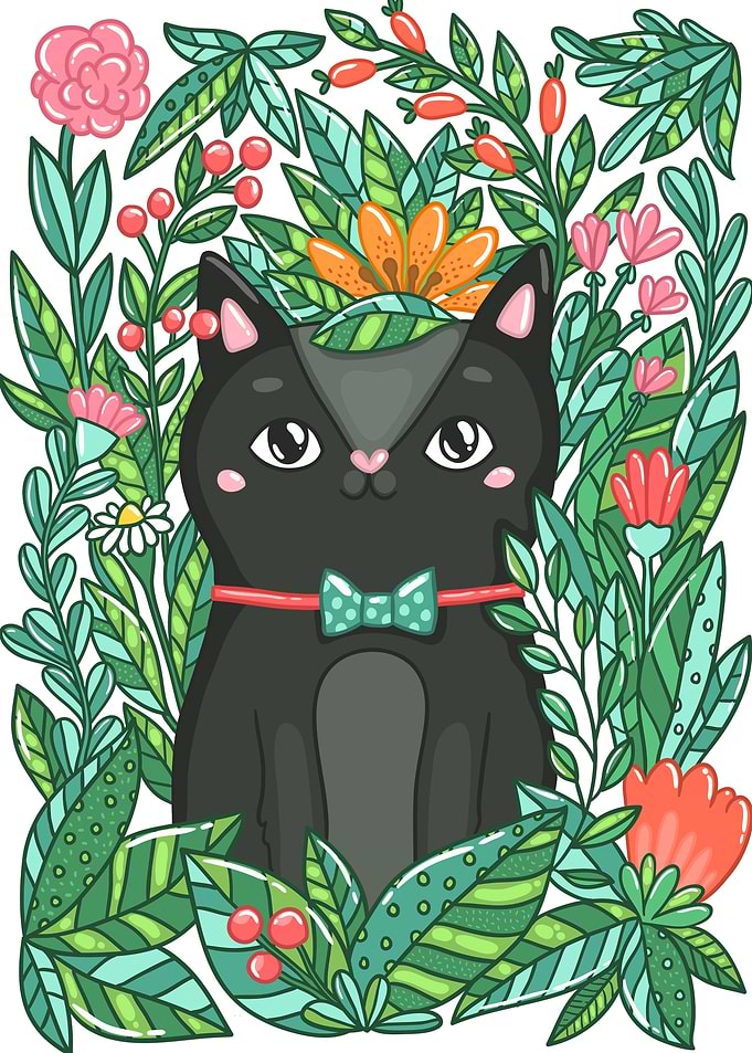 Black Cat in Flowers