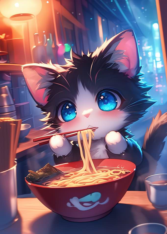 Anime Cat Eating Ramen