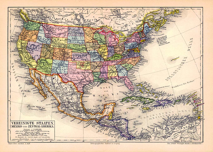 Poster map USA, Mexico | Vintage map german
