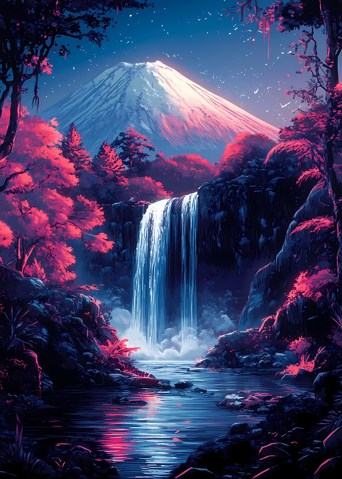 Mountain Fuji Waterfall Night Japanese Cherry Blossom