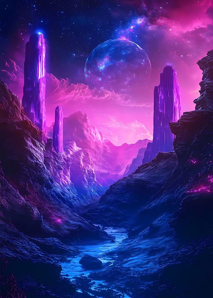 Purple Mountains & Alien Moon Space Sci-Fi Futuristic Planets