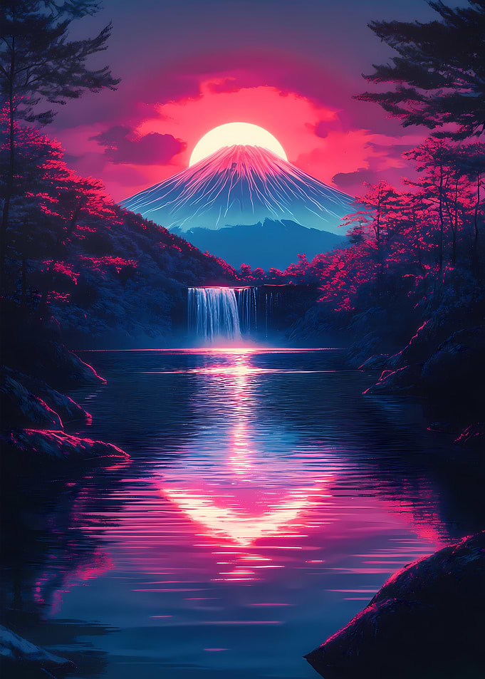 Sunset Mountain Waterfall Mount Fuji Japanese