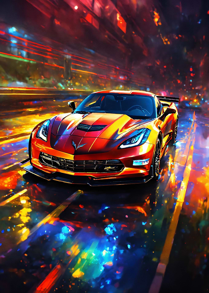 Red Corvette in Neon City