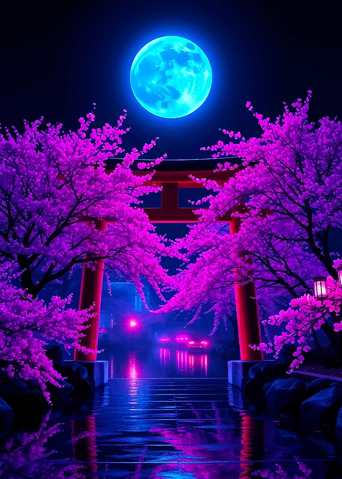 Neon Moonlit Torii Gate