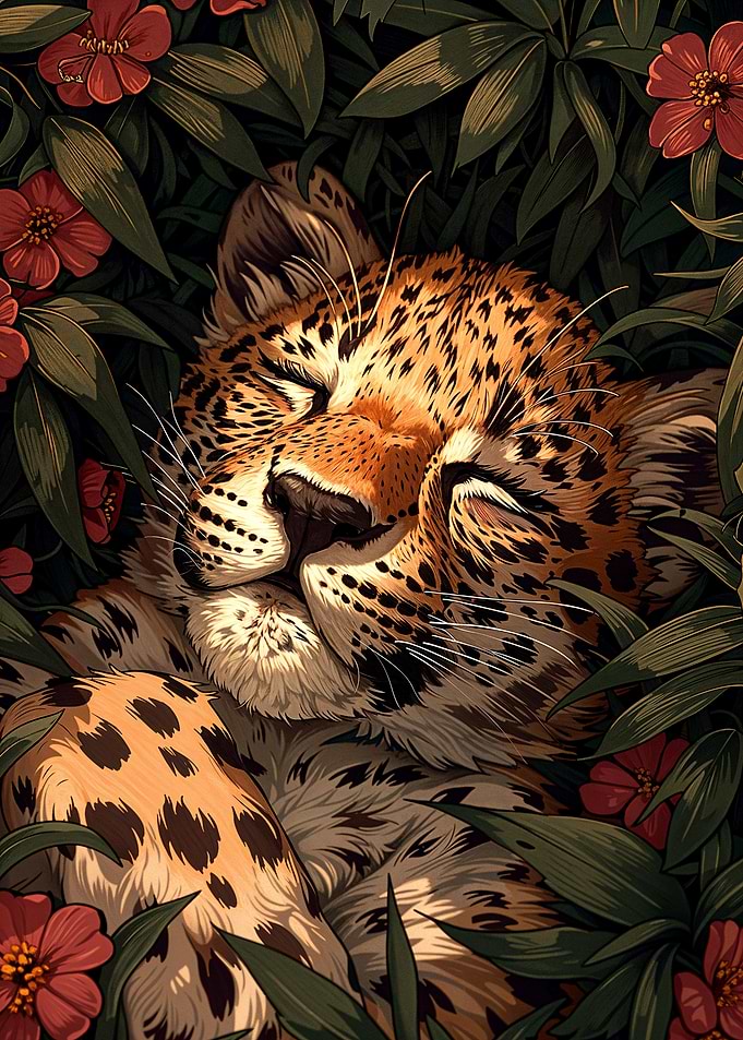Sleeping Leopard in Flowers