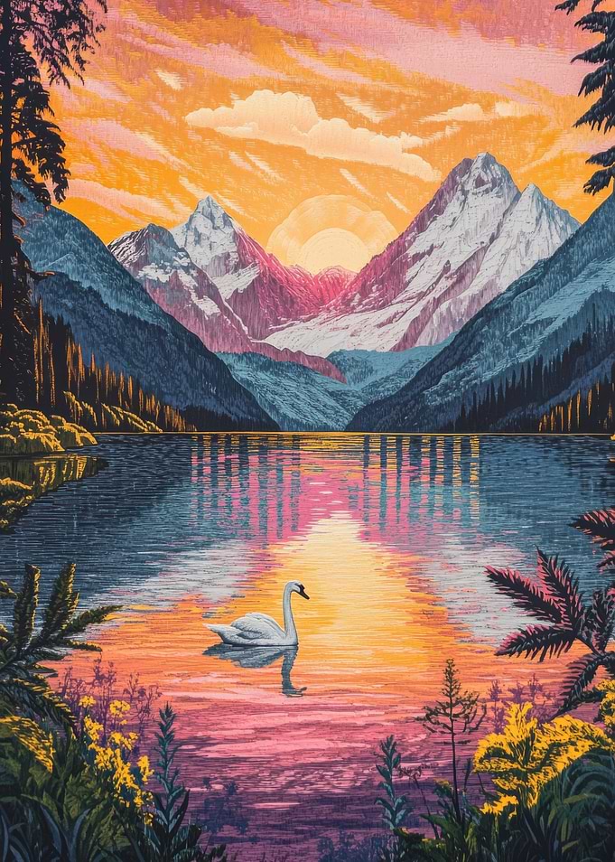 Vibrant Sunset Snow capped mountains, Serene Mountain Lake