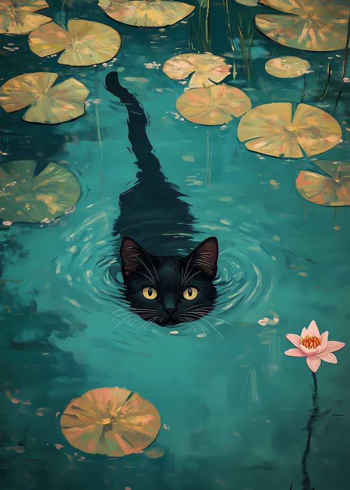 Black Cat Swimming in Pond