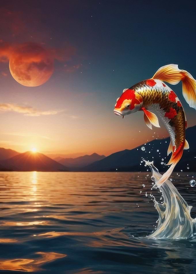Koi Fish Sunset Jump